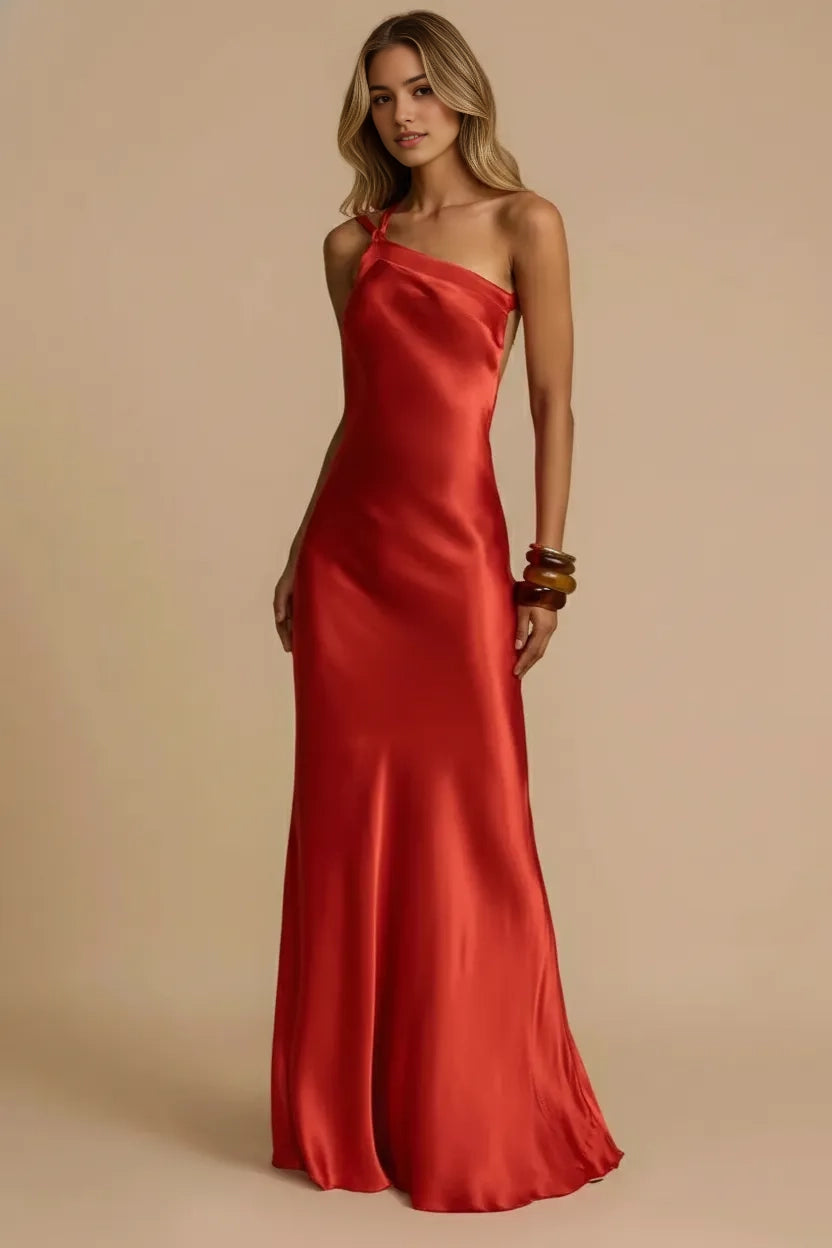 Aimishang Fashion Asymmetrical Neck Sleeveless Satin Maxi Dress Stylish Party Evening Gown