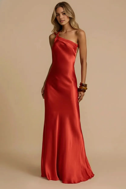 Aimishang Fashion Asymmetrical Neck Sleeveless Satin Maxi Dress Stylish Party Evening Gown