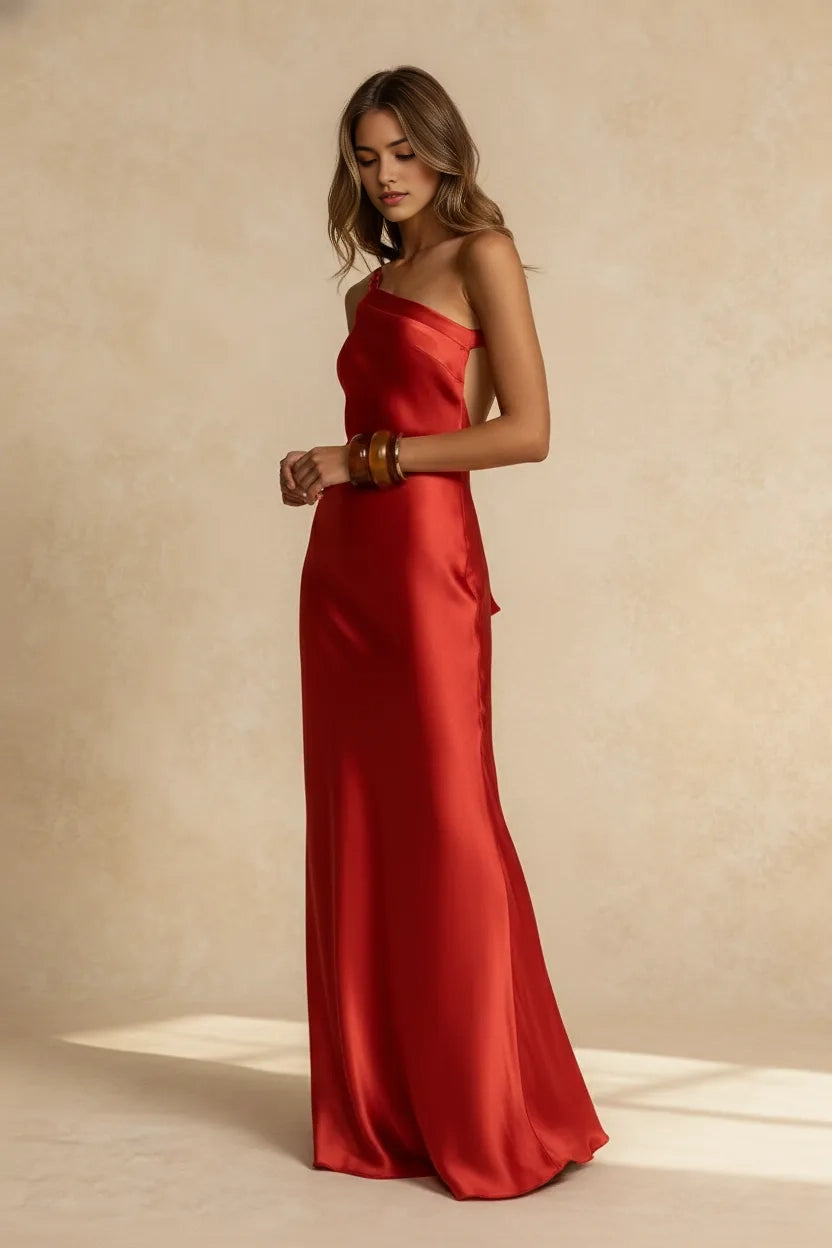 Aimishang Fashion Asymmetrical Neck Sleeveless Satin Maxi Dress Stylish Party Evening Gown