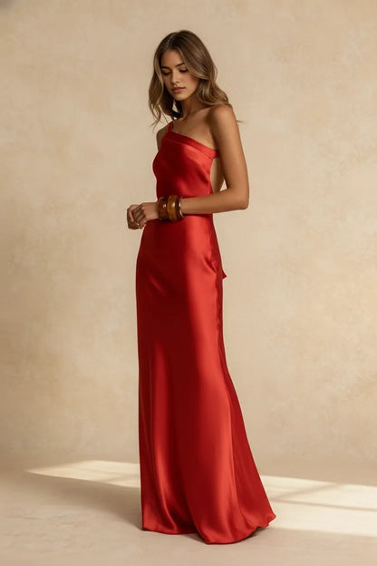 Aimishang Fashion Asymmetrical Neck Sleeveless Satin Maxi Dress Stylish Party Evening Gown