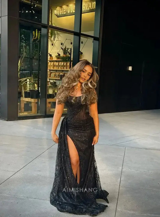 Aimishang Fashion Black Girl Sleeveless Long Prom Dress With Slit Charming Evening Party Dress Sexy Graduation Dress