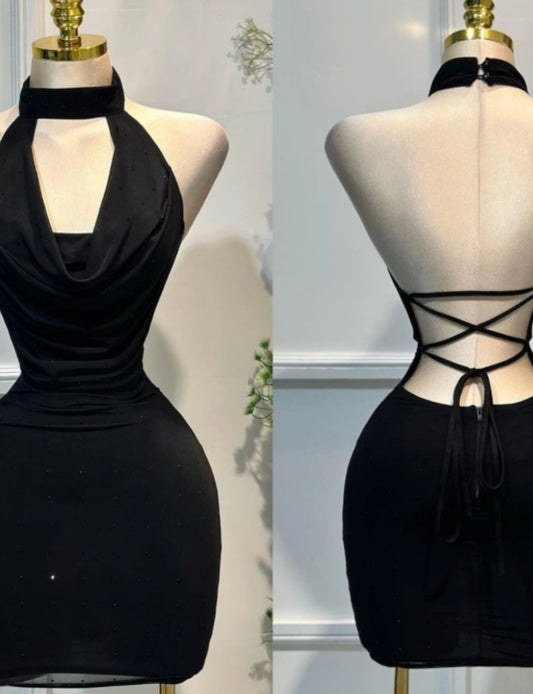Aimishang Fashion Black Halter Bodycon Sleeveless Open Back Short Homecoming Dress Summer Mini Party Dress