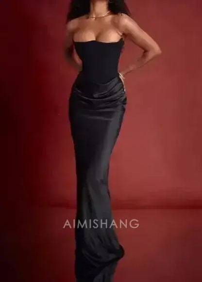 Aimishang Fashion Black Mermaid Strapless Long Prom Dress Elegant Formal Dress Chic Party Evening Gowns
