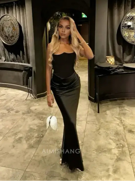 Aimishang Fashion Black Mermaid Strapless Sleeveless Evening Party Gown Sexy Long Formal Prom Dress Charming Graduation Dress