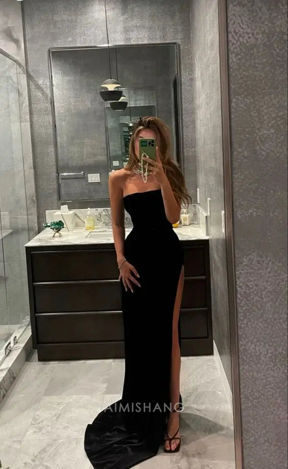 Aimishang Fashion Black Strapless Sleeveless Evening Party Gown With Slit Sexy Long Formal Prom Dress Simple Graduation Dress