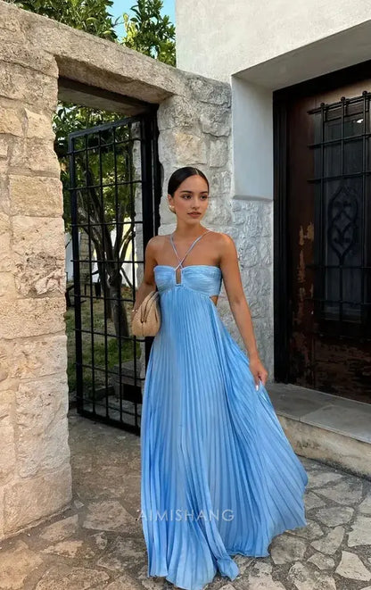 Aimishang Fashion Blue A Line Sleeveless Long Formal Prom Dress Elegant Evening Party Gown Charming Wedding Guest Dress