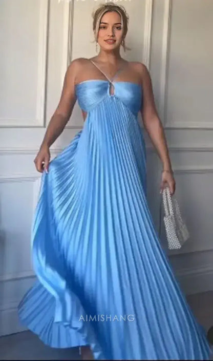 Aimishang Fashion Blue A Line Sleeveless Long Formal Prom Dress Elegant Evening Party Gown Charming Wedding Guest Dress
