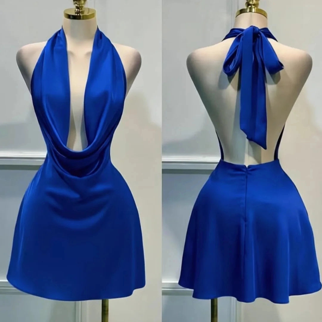 Aimishang Fashion Blue Halter Sleeveless Satin Short Homecoming Dress Simple Mini Summer Birthday Party Dress