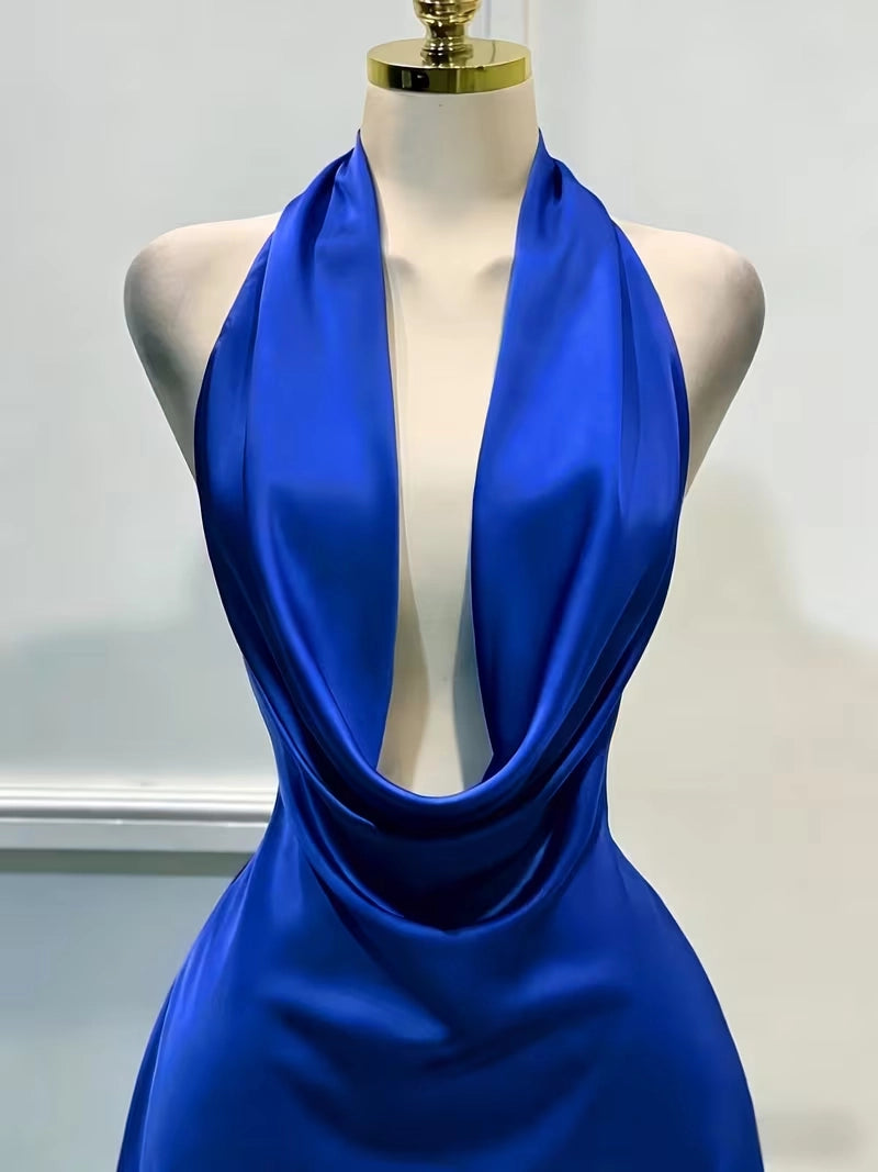 Aimishang Fashion Blue Halter Sleeveless Satin Short Homecoming Dress Simple Mini Summer Birthday Party Dress