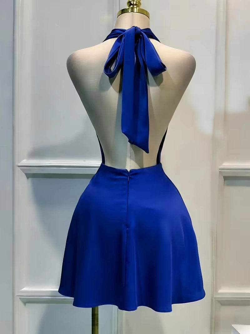 Aimishang Fashion Blue Halter Sleeveless Satin Short Homecoming Dress Simple Mini Summer Birthday Party Dress