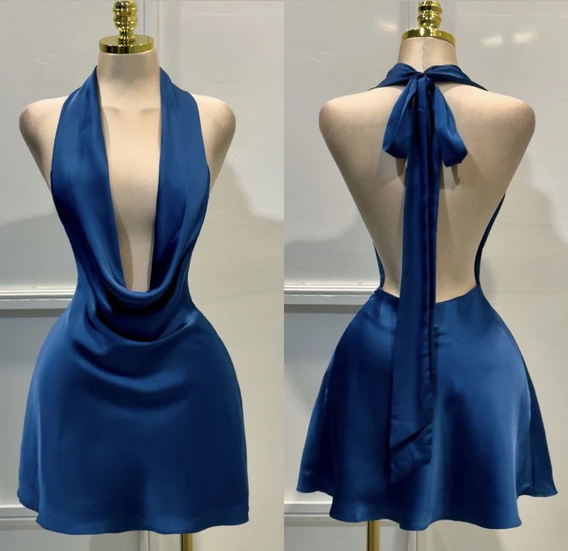 Aimishang Fashion Blue Satin Halter Sleeveless Homecoming Dress Stylish Short Birthday Party Dress
