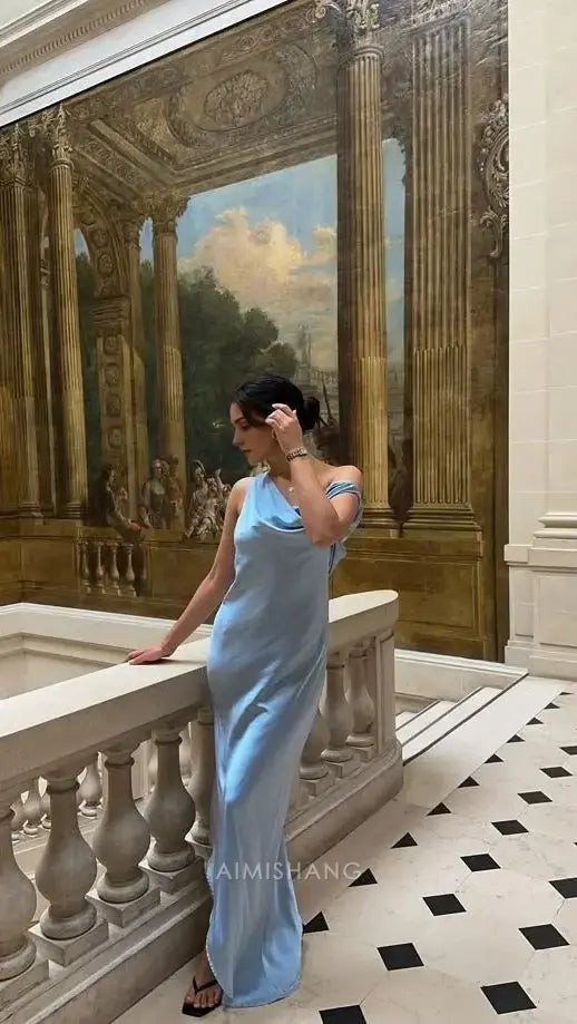 Aimishang Fashion Blue Satin Open Back Party Evening Gown Chic Wedding Guest Dress Elegant Long Prom Dress