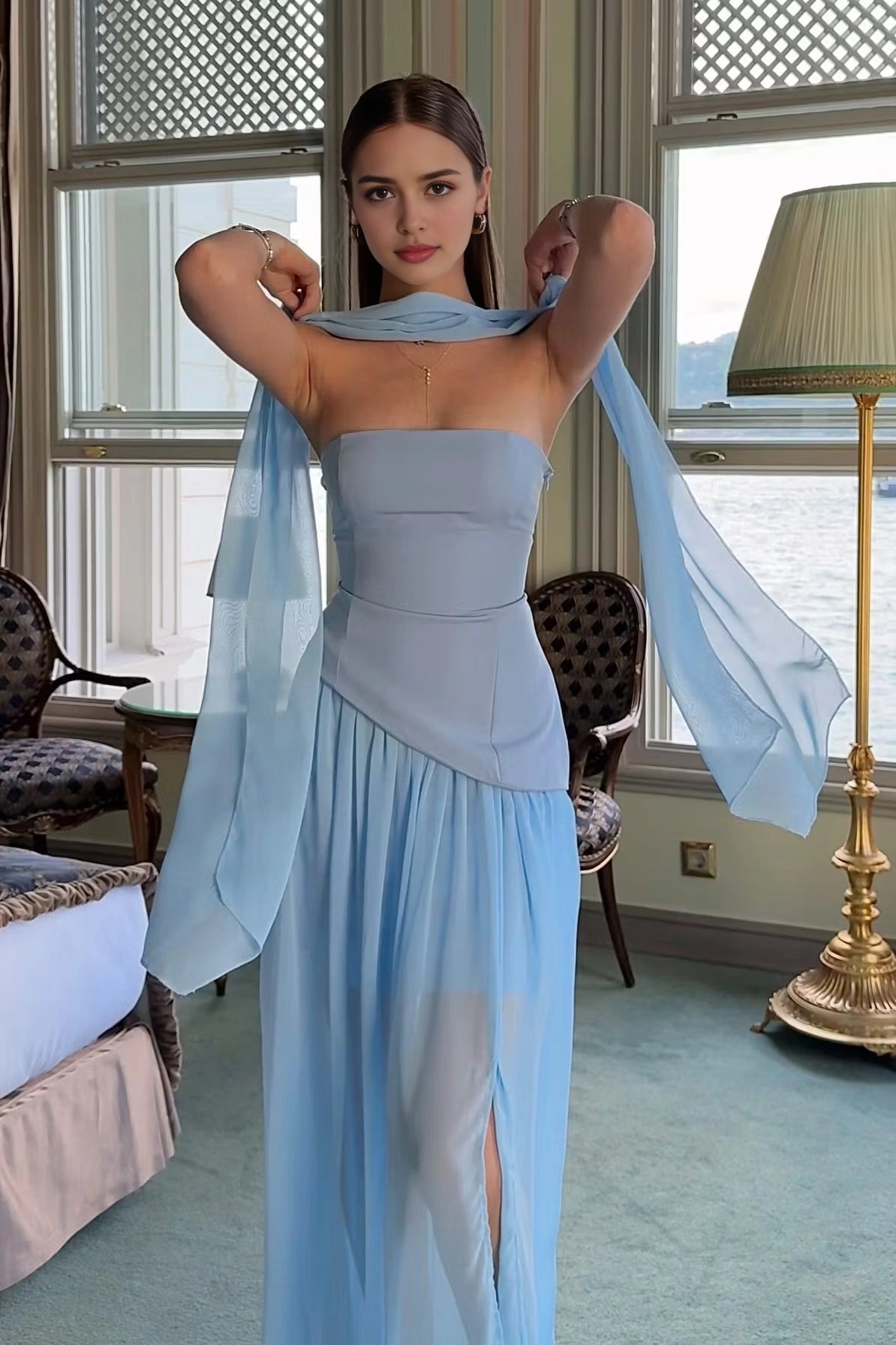 Aimishang Fashion Blue Strapless Sleeveless Long Evening Party Dress Pleated Elegant Wedding Guest Dress With Slit