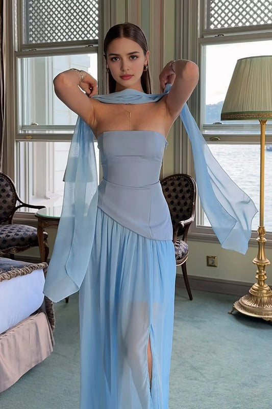 Aimishang Fashion Blue Strapless Sleeveless Long Evening Party Dress Pleated Elegant Wedding Guest Dress With Slit