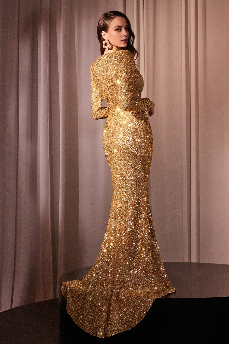 Aimishang Fashion Evening Dress Sequin Fitted Long Sleeve Party Gown Sparkly Prom Dresses With Slit