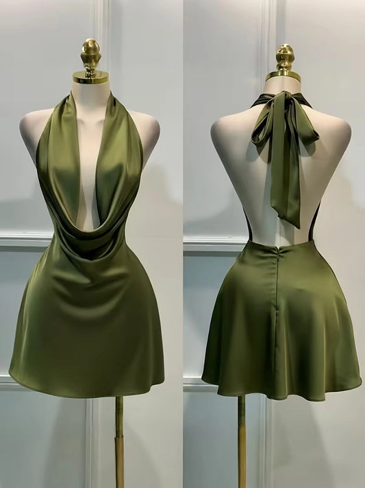 Aimishang Fashion Green Halter Sleeveless Satin Short Homecoming Dress Simple Mini Summer Birthday Party Dress