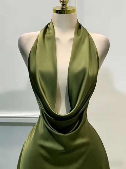 Aimishang Fashion Green Halter Sleeveless Satin Short Homecoming Dress Simple Mini Summer Birthday Party Dress