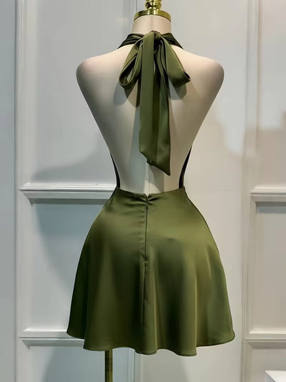 Aimishang Fashion Green Halter Sleeveless Satin Short Homecoming Dress Simple Mini Summer Birthday Party Dress