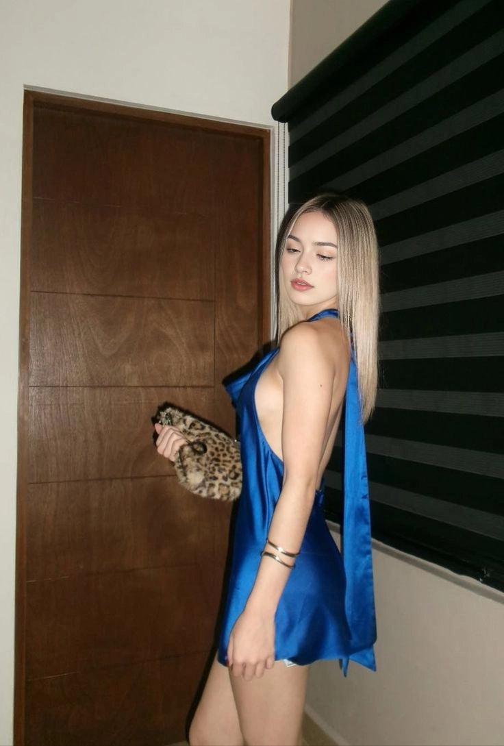 Aimishang Fashion Halter Blue Satin Backless Sleeveless Short Birthday Party Dress Simple Graduation Homecoming Dress
