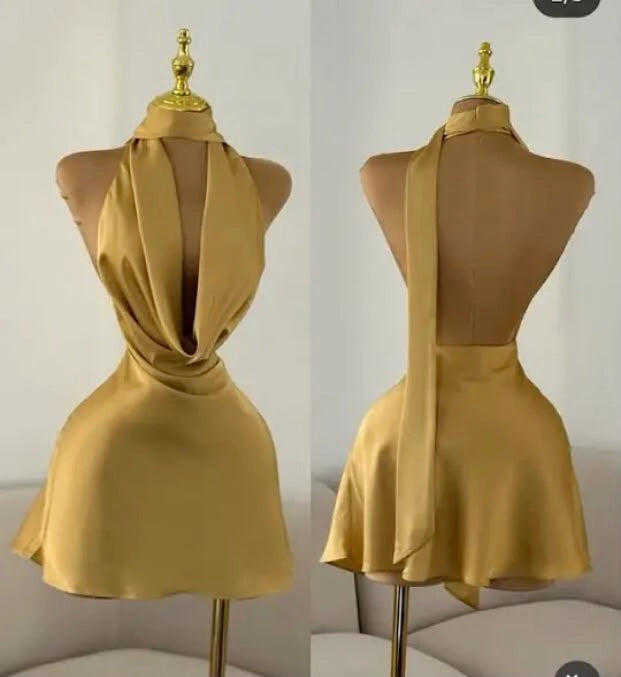 Aimishang Fashion Halter Sleeveless Backless Satin Short Formal Homecoming Dress Stylish Mini Summer Birthday Party Dress