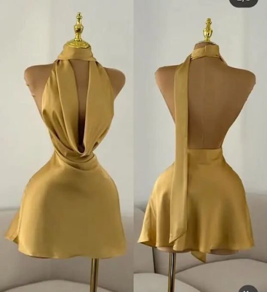 Aimishang Fashion Halter Sleeveless Backless Satin Short Formal Homecoming Dress Stylish Mini Summer Birthday Party Dress