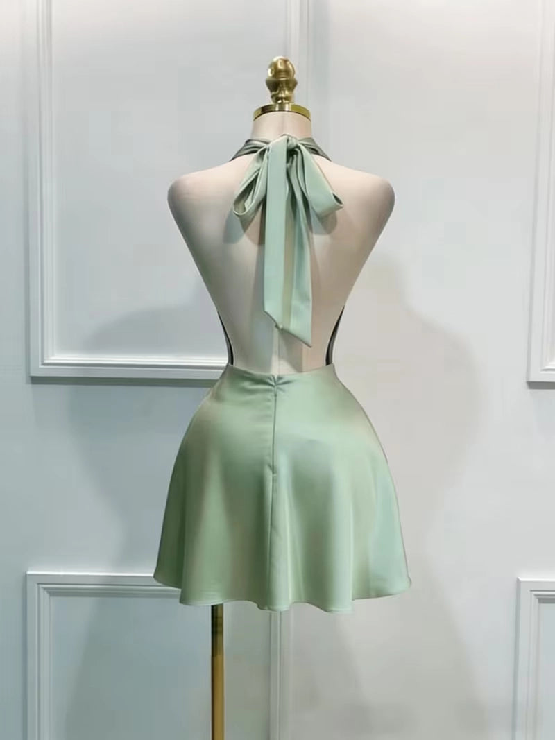 Aimishang Fashion Halter Sleeveless Green Satin Short Homecoming Dress Simple Mini Summer Birthday Party Dress