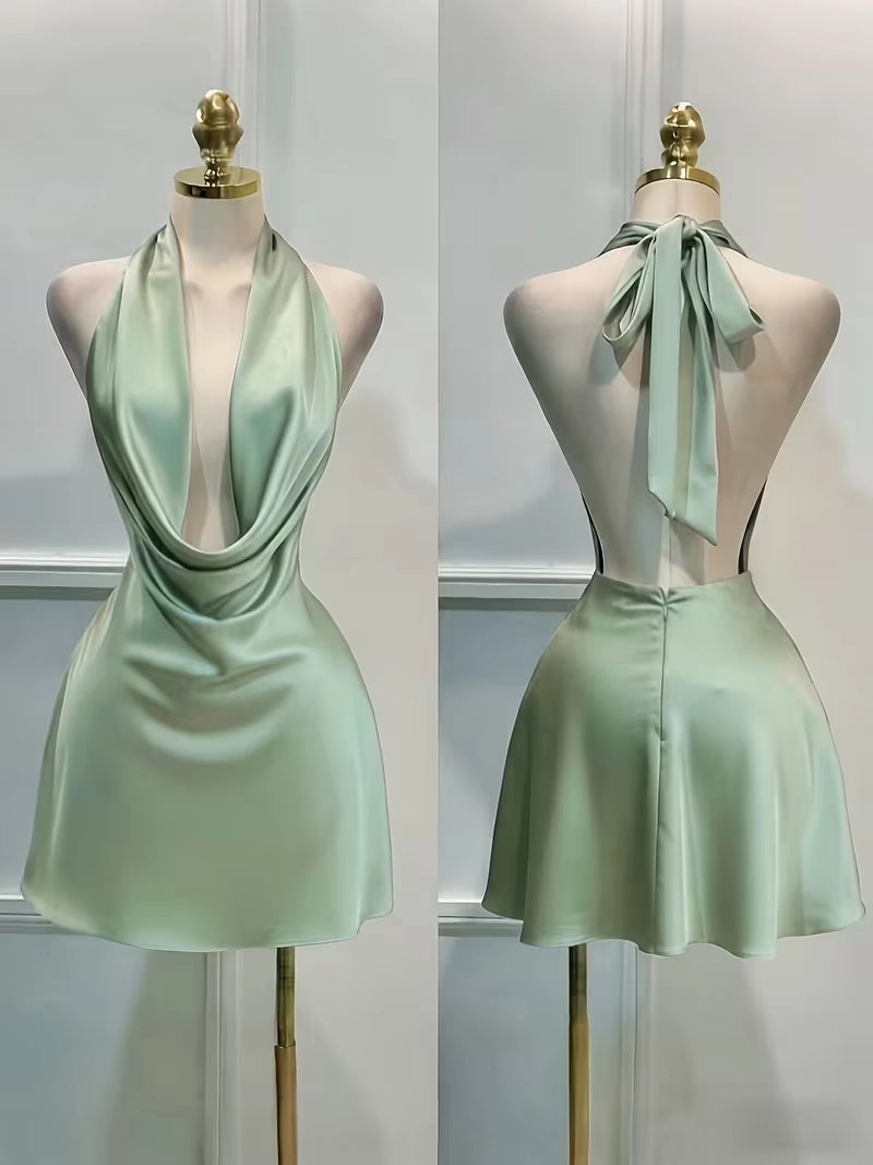 Aimishang Fashion Halter Sleeveless Green Satin Short Homecoming Dress Simple Mini Summer Birthday Party Dress