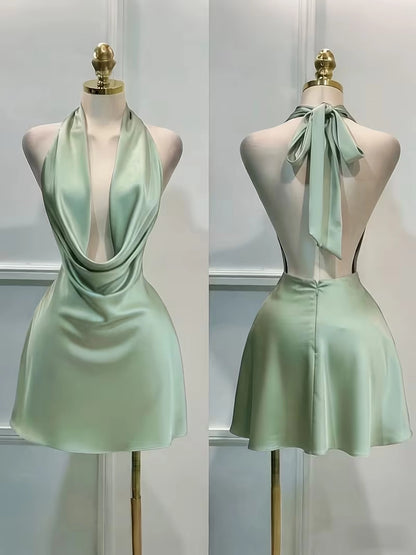 Aimishang Fashion Halter Sleeveless Green Satin Short Homecoming Dress Simple Mini Summer Birthday Party Dress