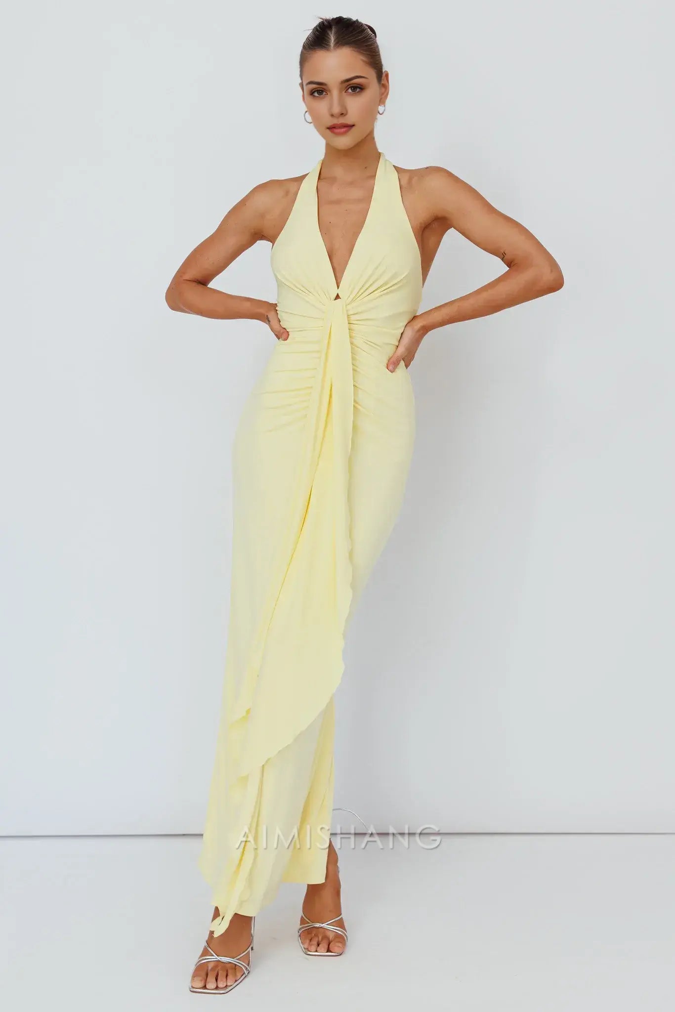 Aimishang Fashion Halter Sleeveless Ruched Prom Dress Long Formal Dress Elegant Evening Party Dress