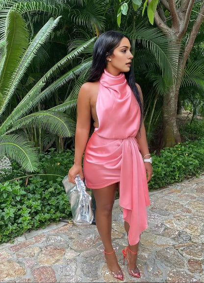 Aimishang Fashion Halter Sleeveless Satin Short Holiday Party Dress Stylish Graduation Homecoming Dress
