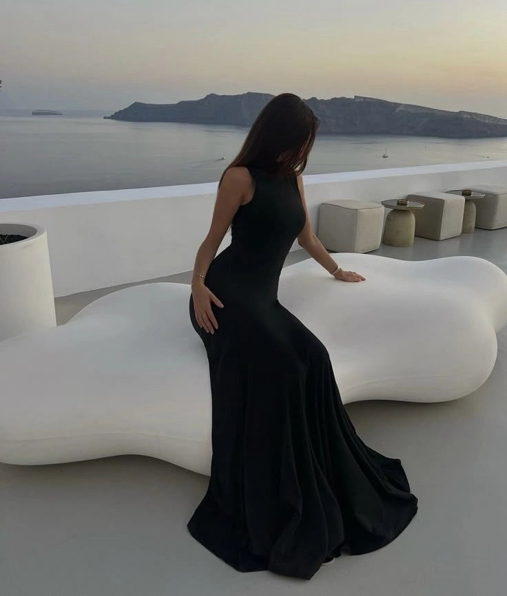 Aimishang Fashion High Neck Black Sleeveless Party Evening Gown Elegant Formal Prom Dress for Women