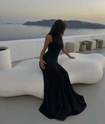 Aimishang Fashion High Neck Black Sleeveless Party Evening Gown Elegant Formal Prom Dress for Women