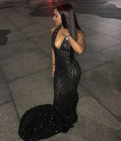 Aimishang Fashion Mermaid Black Girl Sleeveless Sequins Party Evening Gown Sparkly Long Formal Prom Dress