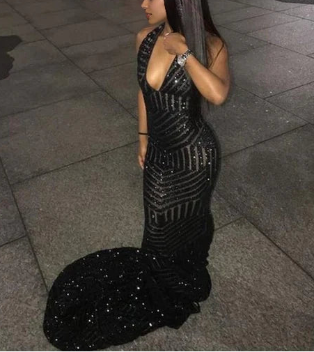 Aimishang Fashion Mermaid Black Girl Sleeveless Sequins Party Evening Gown Sparkly Long Formal Prom Dress