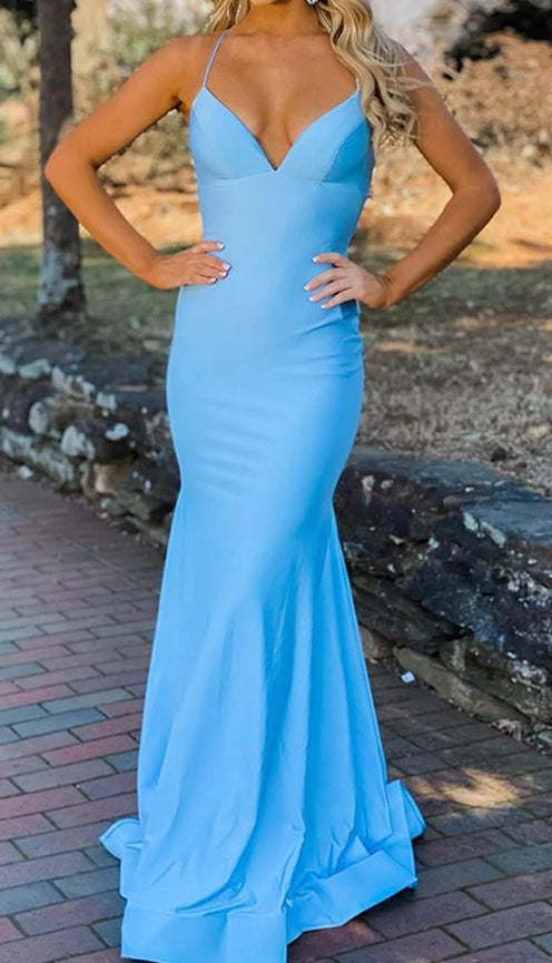 Aimishang Fashion Mermaid Blue Spaghetti Straps Sleeveless Backless Party Evening Gown Elegant Wedding Guest Dress for Women