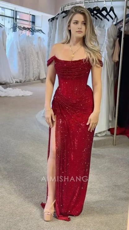 Aimishang Fashion Mermaid Off the Shoulder Long Formal Prom Dress With Slit Elegant Party Evening Gown Shiny Graduation Dress