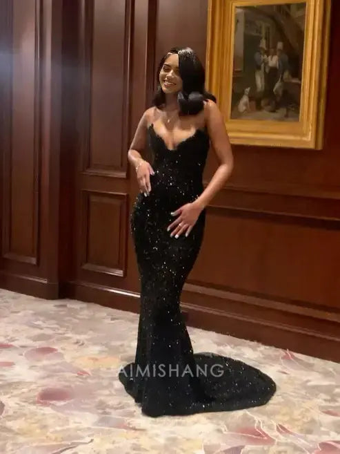 Aimishang Fashion Mermaid Strapless Sleeveless Long Formal Prom Dress Sparkly Party Evening Gown Sexy Black Girls Graduation Dress