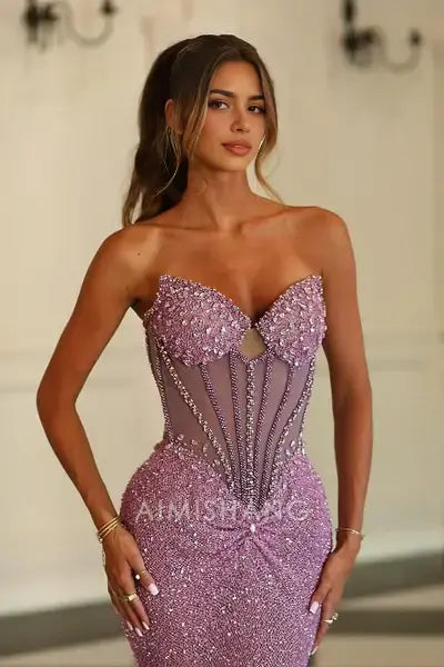 Aimishang Fashion Mermaid Strapless Sleeveless Party Evening Gowns Sexy Long Formal Prom Dress Charming Wedding Guest Dress