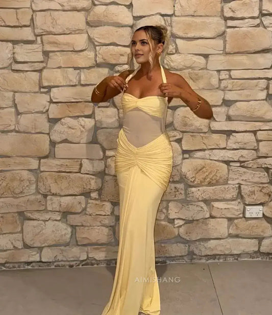 Aimishang Fashion Mermaid Yellow Halter Sleeveless Long Formal Prom Dress Charming Party Evening Gowns Sexy Graduation Dress