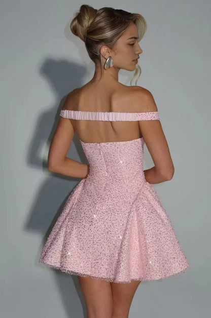 Aimishang Fashion Off-the-Shoulder A Line Short Party Prom Dress Shiny Homecoming Dress