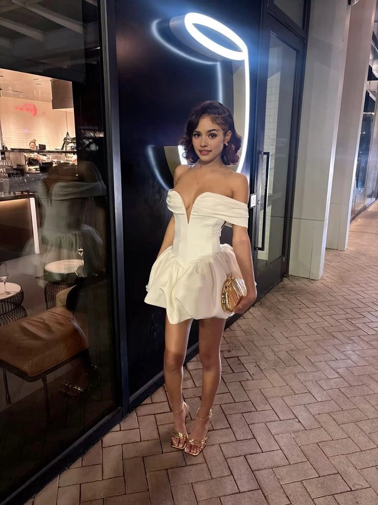 Aimishang Fashion Off the Shoulder A Line Satin Short Summer Homecoming Dress Cute Graduation Party Dress