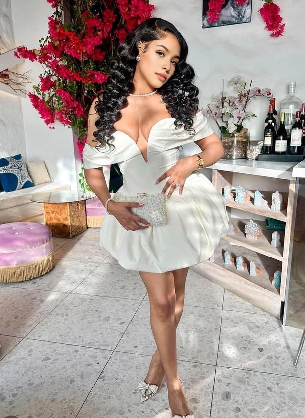 Aimishang Fashion Off the Shoulder A Line Satin Short Summer Homecoming Dress Cute Graduation Party Dress