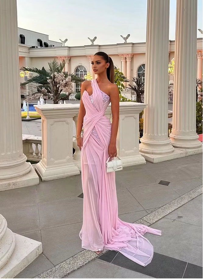 Aimishang Fashion One Shoulder Sleeveless Pleated Long Evening Party Dress Stylish Wedding Guest Dress