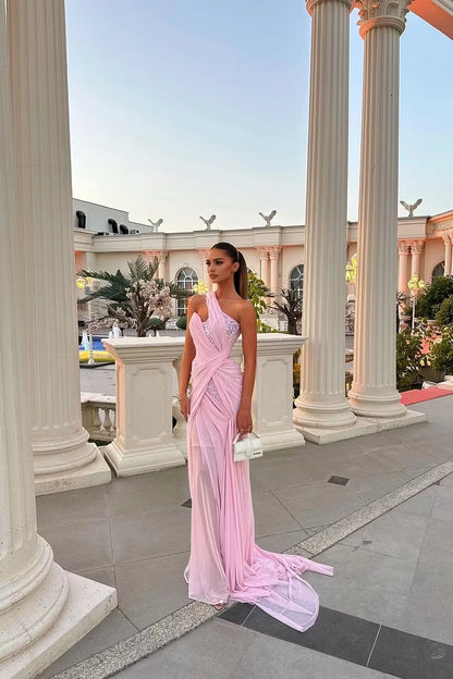 Aimishang Fashion One Shoulder Sleeveless Pleated Long Evening Party Dress Stylish Wedding Guest Dress