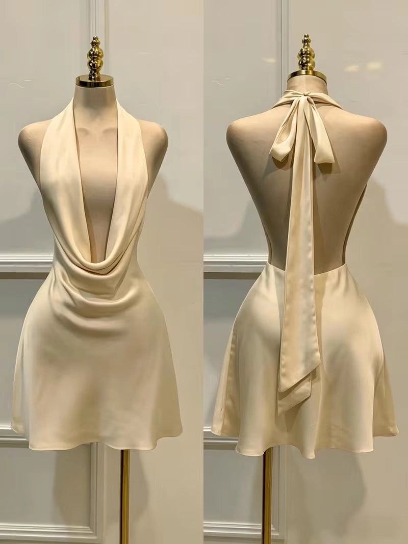 Aimishang Fashion Satin Halter Sleeveless Short Homecoming Dress Stylish Mini Summer Birthday Party Dress