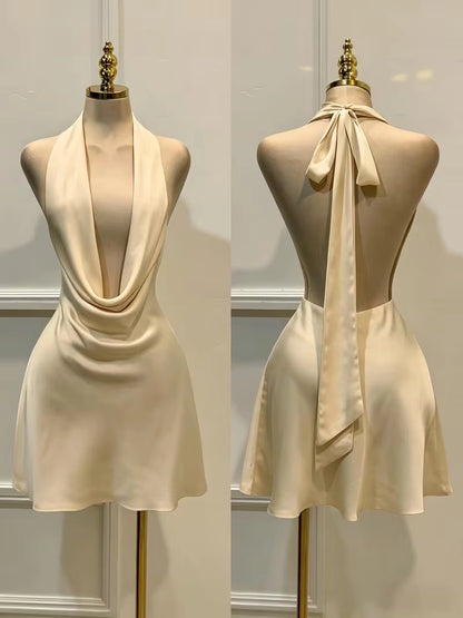 Aimishang Fashion Satin Halter Sleeveless Short Homecoming Dress Stylish Mini Summer Birthday Party Dress