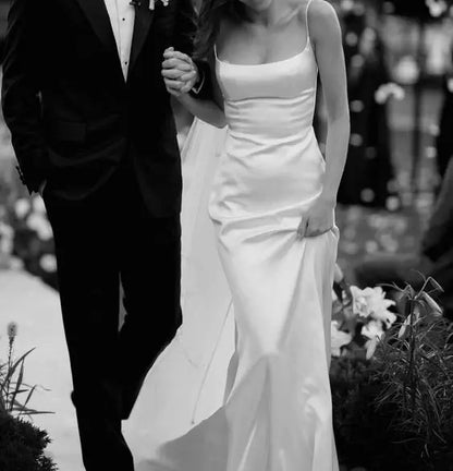 Aimishang Fashion Sheath Spaghetti Straps Sleeveless Long Formal Prom Dress Elegant Bridal Gown Simple Wedding Dress