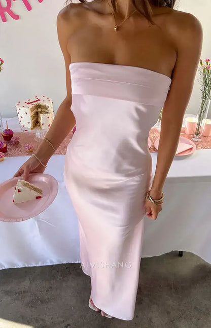 Aimishang Fashion Sheath Strapless Satin Long Formal Prom Dress Elegant Wedding Guest Dress Simple Evening Party Gown