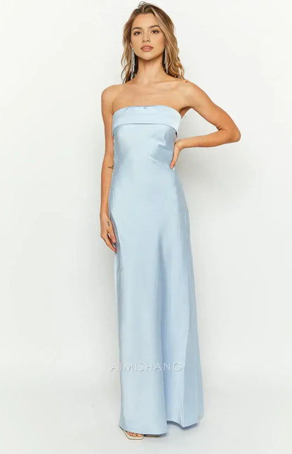 Aimishang Fashion Sheath Strapless Long Formal Prom Dress Elegant Blue Satin Wedding Guest Dress Simple Evening Party Gown