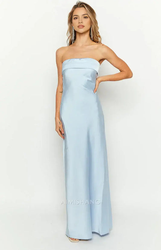 Aimishang Fashion Sheath Strapless Long Formal Prom Dress Elegant Blue Satin Wedding Guest Dress Simple Evening Party Gown